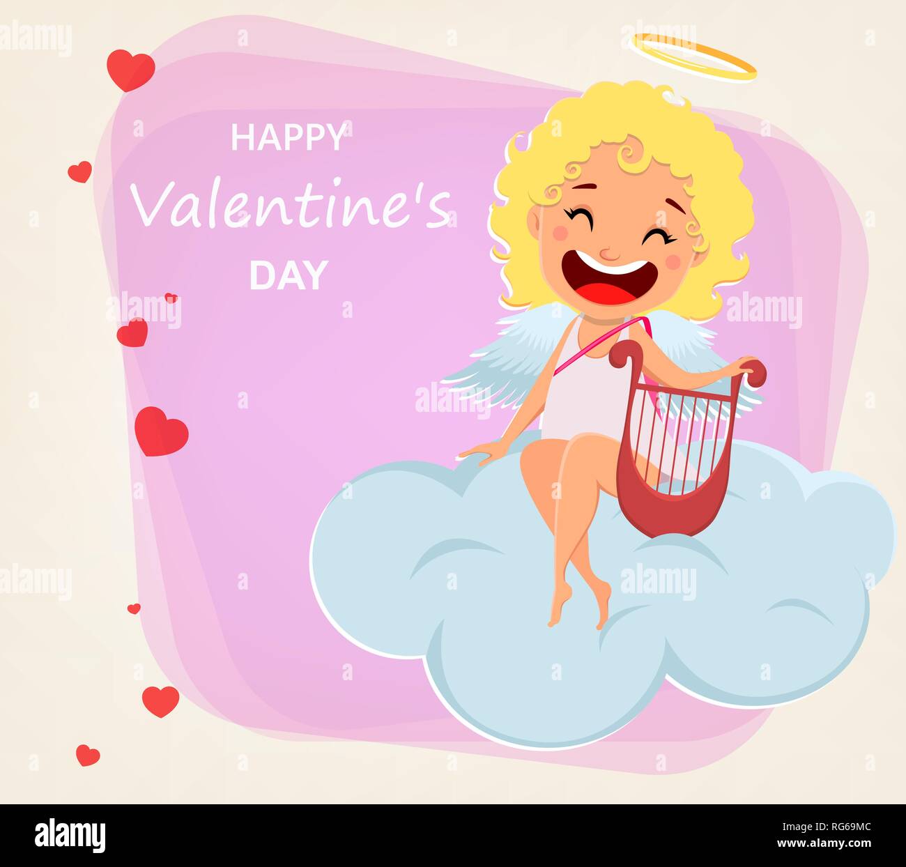 Valentines Day Carte de souhaits avec mignon Cupidon. Drôle de personnage assis sur le nuage et à l'harmo. Vector illustration sur abstract pink backgrou Illustration de Vecteur
