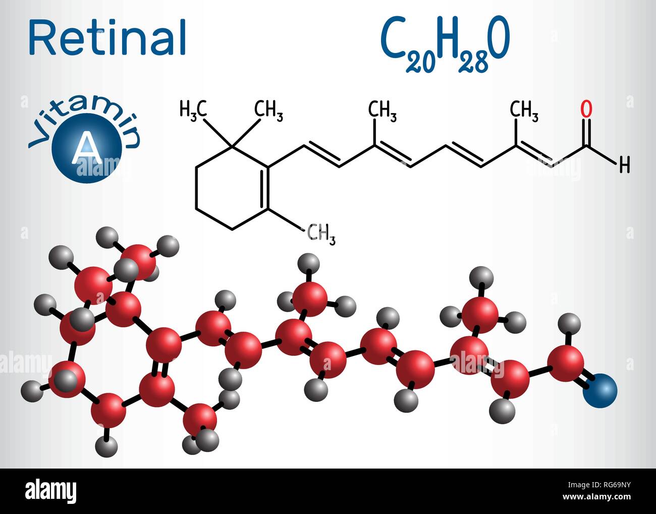 Rétinal (rétinaldéhyde) est la vitamine A. formule chimique structurale et molécule modèle. Vector illustration Illustration de Vecteur