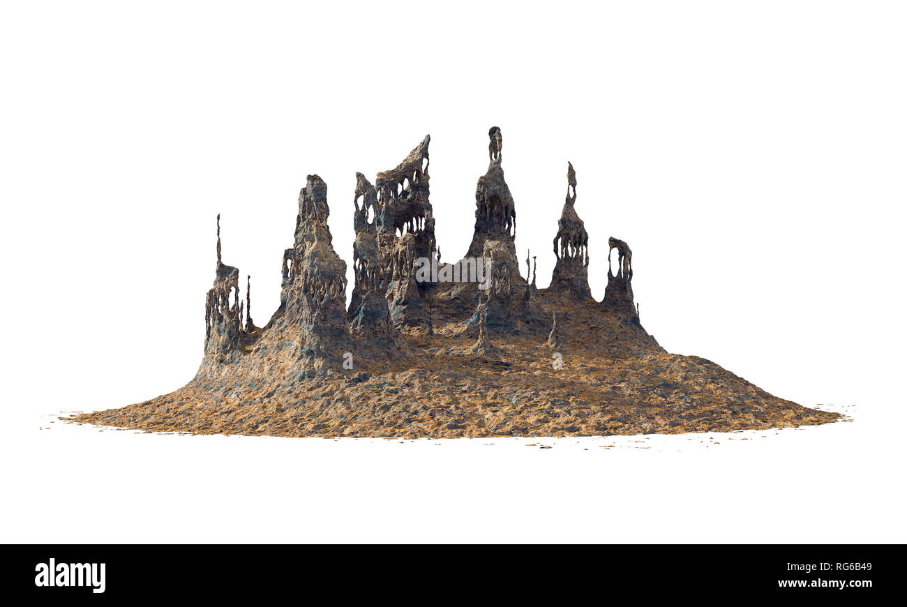 La formation des roches exotiques, paysage désertique avec d'anciennes ruines, isolé sur fond blanc Banque D'Images