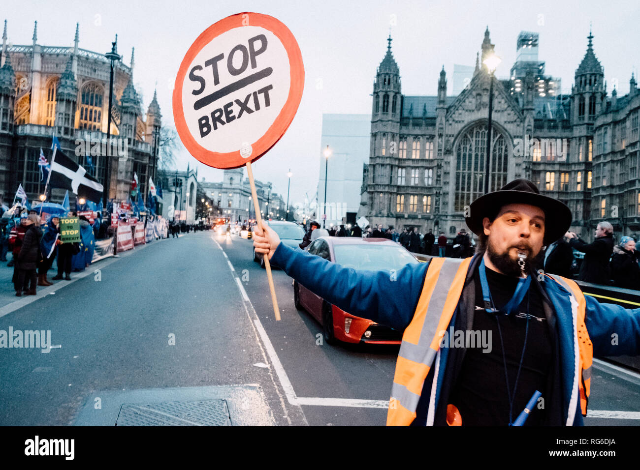 Rester un partisan nous tend un Brexit Arrêt signe sur un passage pour piétons devant les Maisons du Parlement, Londres Uk. Banque D'Images