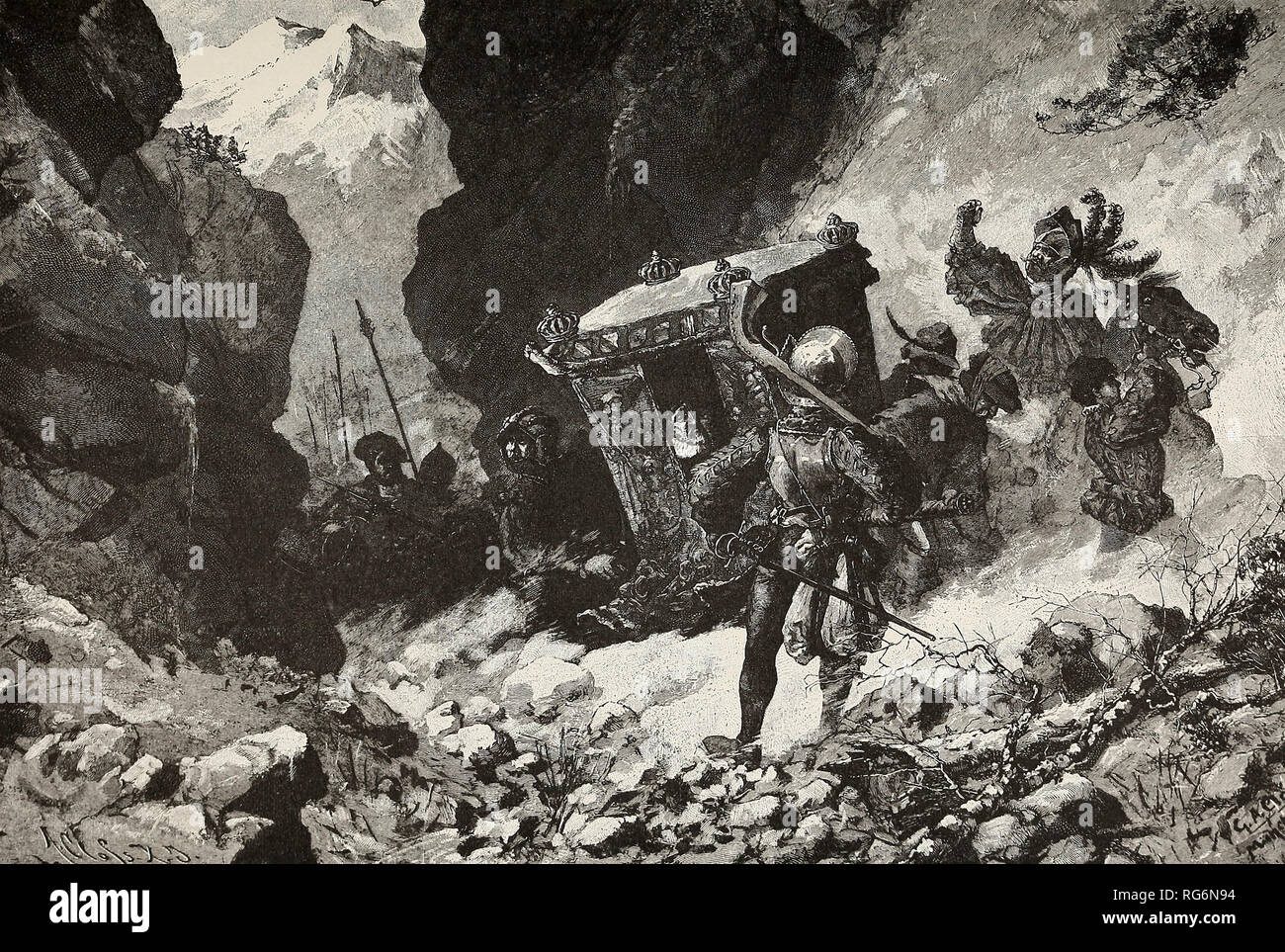 Le vol de l'Empereur Charles - Charles V s'enfuit soudainement sur les Alpes pour échapper aux rebelles allemand Banque D'Images
