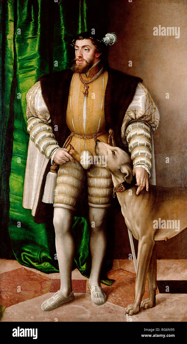 Portrait de l'Empereur Charles V avec chien (1500-1558) - Jakob Seisenegger, vers 1532 Banque D'Images