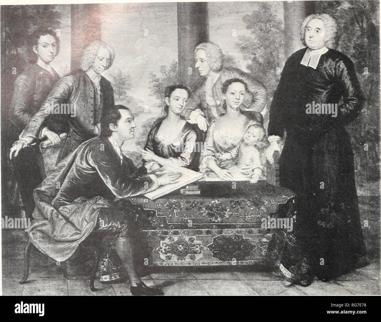 . Bulletin - United States National Museum. La science. George Berkeley, évêque de Cloyne, et sa femme et sa famille par John Smibert, 1729 {Avec la permission de la Galerie Nationale jo Irlande.) Figure 10.-La table couverte d'un tapis de Turquie vu dans ce portrait de groupe - un record d'un Enghsh son séjour en famille à Newport, Rhode Island-suggère que cette utilisation est à la fois appropriée et à la mode en cette période. La maison qu'elle et lier l'ambassadeur mari louaient à Auteuil, près de Paris, a écrit à sa sœur dans le Massachusetts le 5 septembre 1784, qu'il n'y avait pas "un tapis appartenant à la Chambre. L Banque D'Images