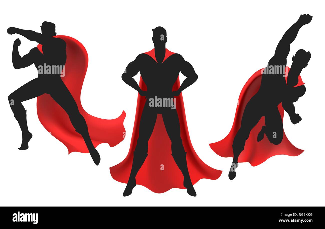 Silhouette de super-héros. Puissant homme silhouettes figure avec cape rouge de super héros vector illustration Illustration de Vecteur