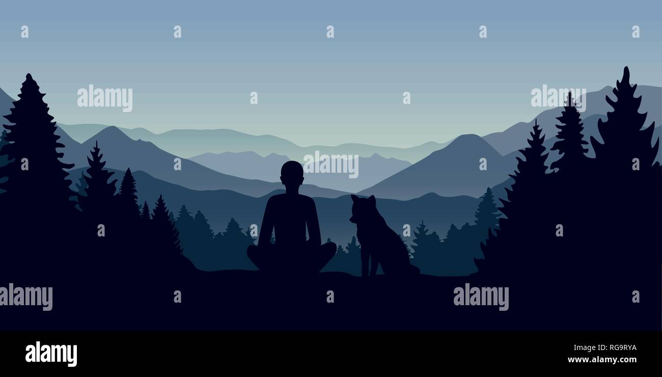 L'homme et son chien sont à la recherche dans la distance sur un paysage de montagne vector illustration EPS10 Illustration de Vecteur
