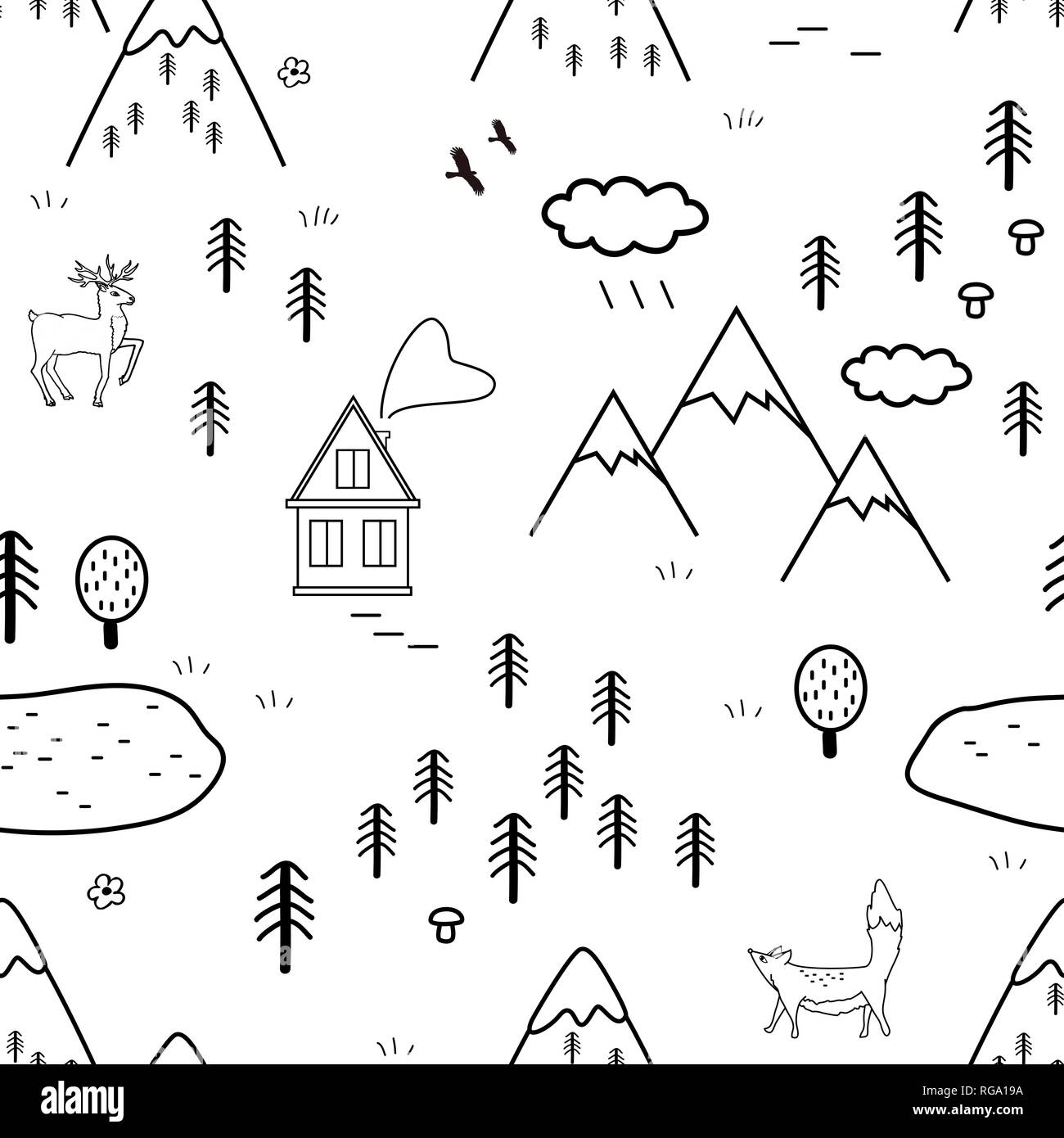 Paysages scandinaves dessiné à la main avec les animaux, les arbres, le lac et les montagnes, une tendance. Les motifs traditionnels de style scandinave. Vecteur. Illustration de Vecteur