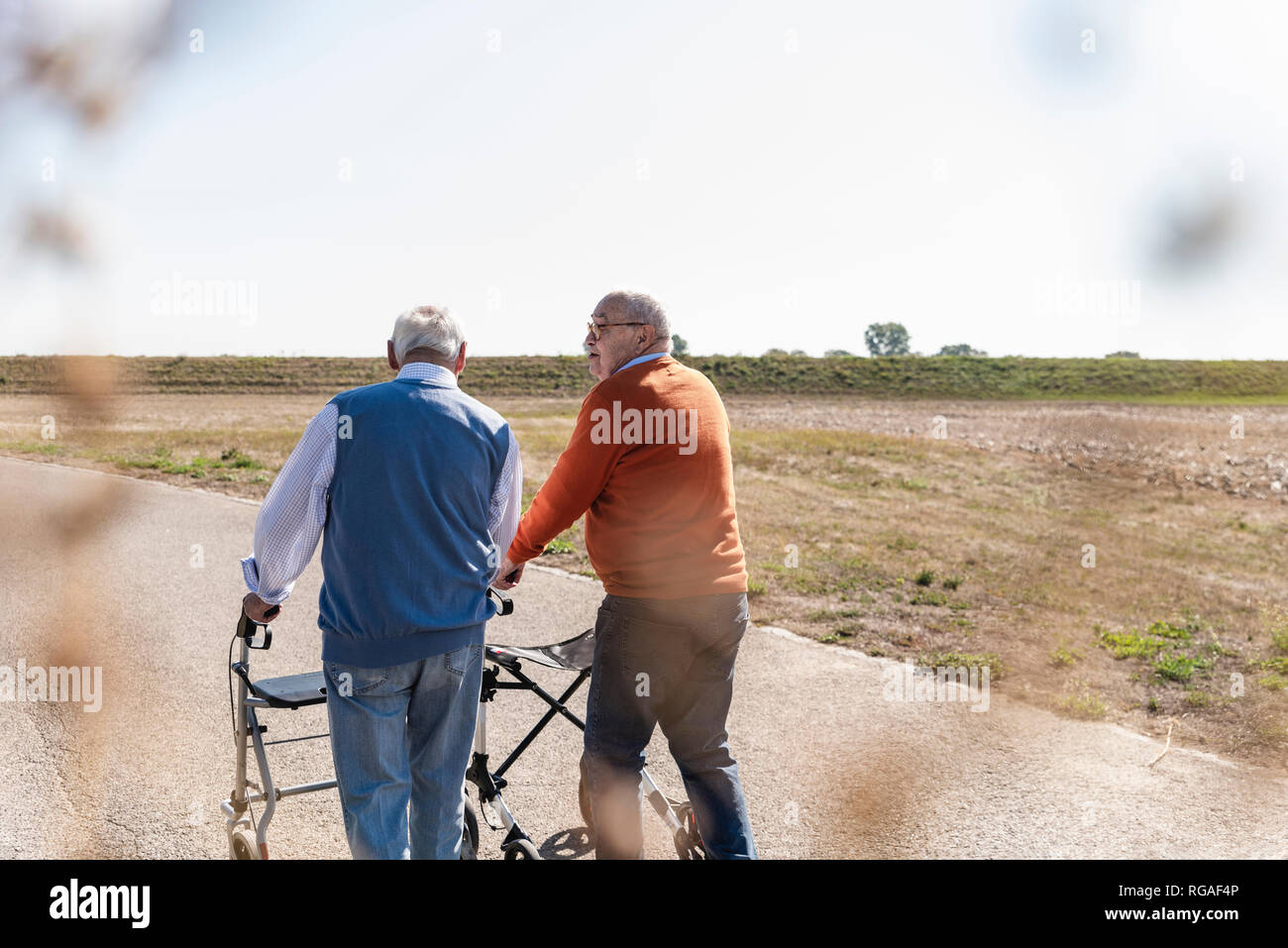 Deux vieux amis marchant sur une route de campagne, à l'aide de marcheurs à roues Banque D'Images