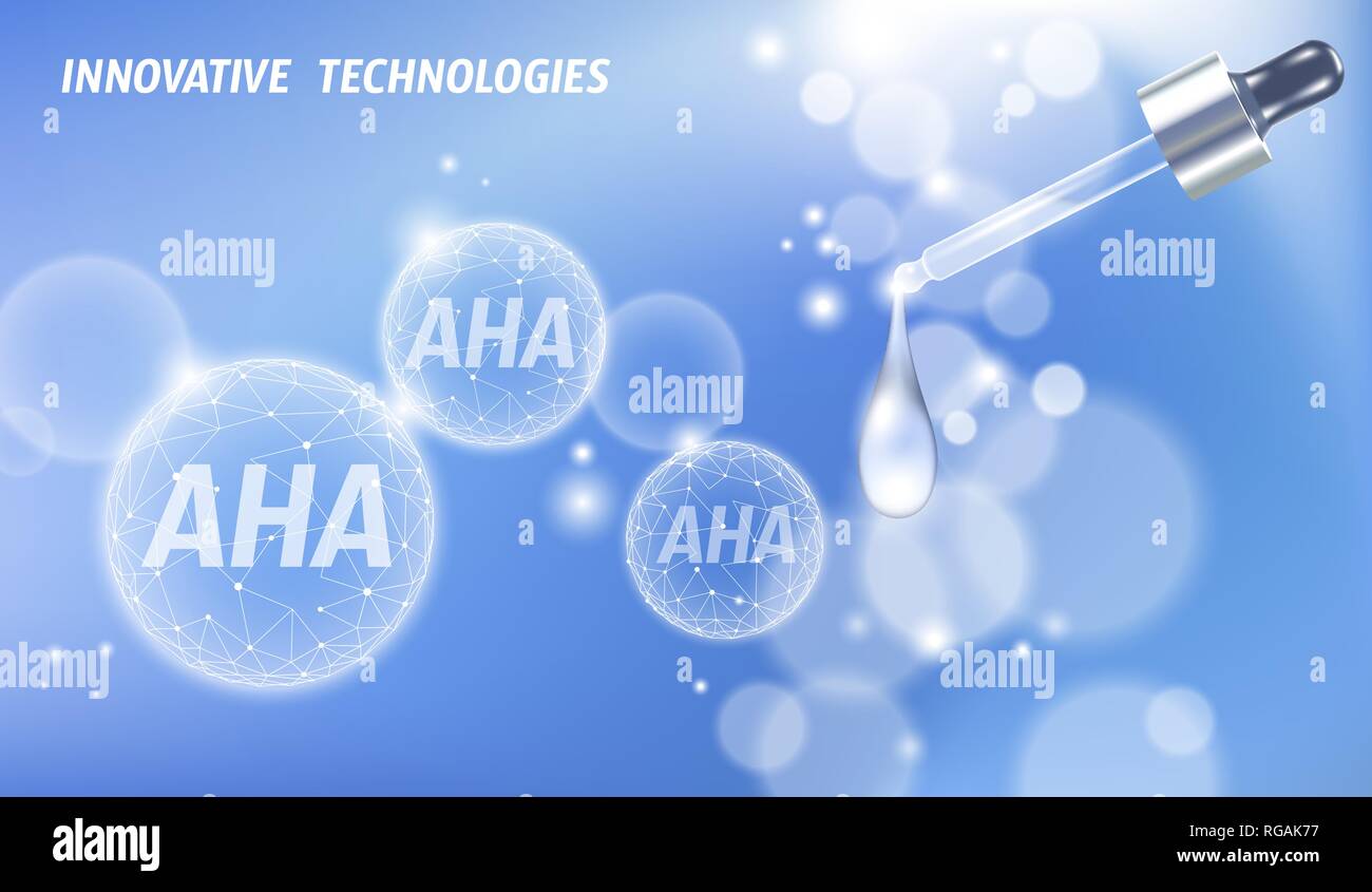 Salon de beauté peeling aux acides de fruits. Bouteille en verre pipette droplet AHA exfoliant glycolique acides lactiques rajeunissement anti-âge sérum. Medical skin Illustration de Vecteur