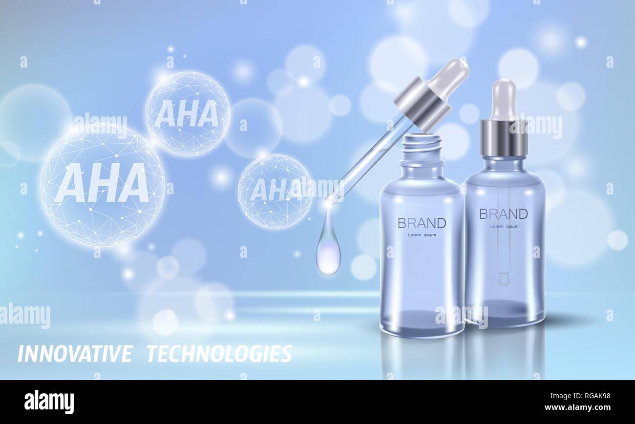 Salon de beauté peeling aux acides de fruits. Bouteille en verre pipette droplet AHA exfoliant glycolique acides lactiques rajeunissement anti-âge sérum. Medical skin Illustration de Vecteur