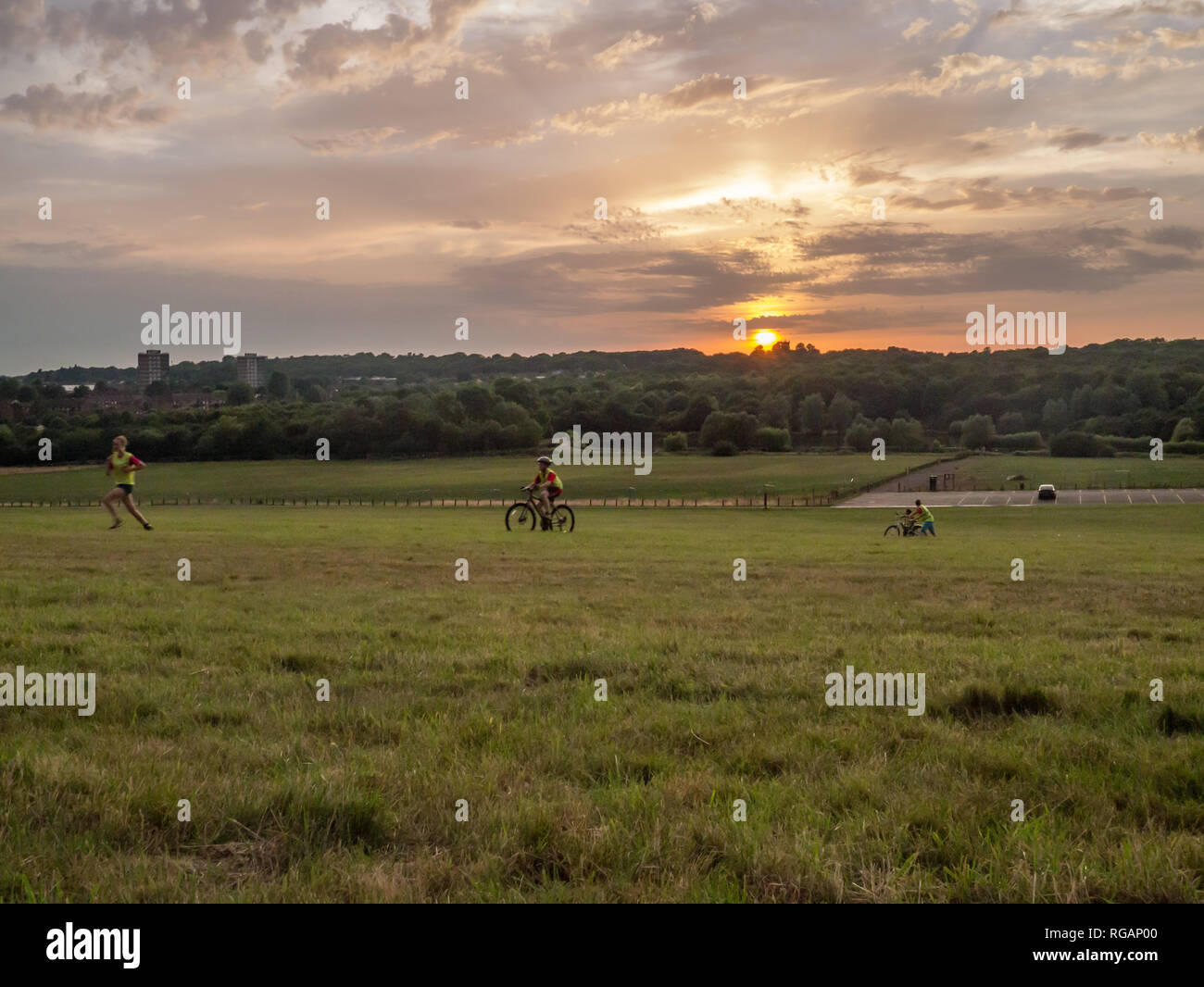 Hainault forest, Essex, UK - Juillet 18,2014 : coucher de soleil sur le paysage de prairies ouvertes où les gens apprécient le soleil de fin de soirée. Soleil est juste de glisser Banque D'Images