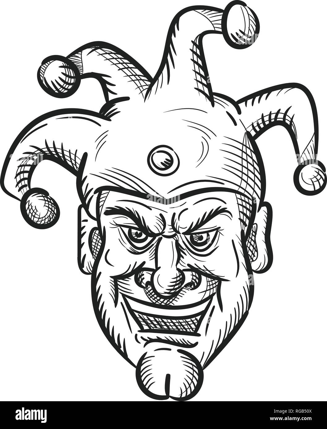 Croquis dessin illustration style de tête d'une cité médiévale fou fou, arlequin ou fou avec un sourire stupide sourire sarcastique ou isolé sur blanc b Illustration de Vecteur