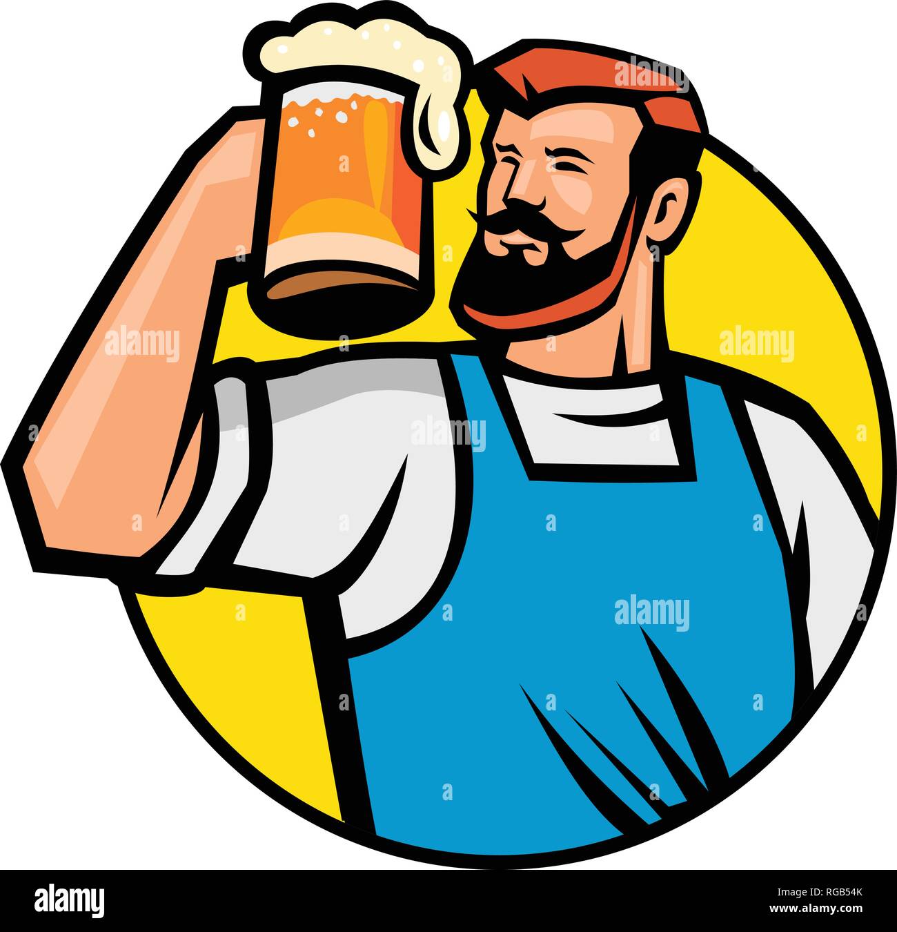 L'icône de mascotte illustration de buste d'un hipster barbu toasting une chope de bière ou d'ale mis à l'intérieur du cercle, vu de l'avant sur fond isolé en retr Illustration de Vecteur