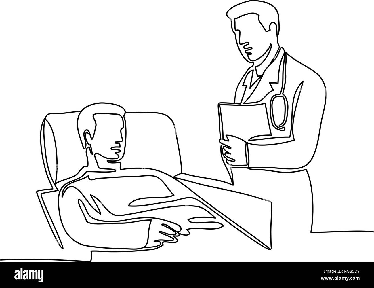 Ligne continue illustration de médecin, chirurgien ou médecin avec patient sur lit d'hôpital fait dans le style de produit unique en noir et blanc. Illustration de Vecteur