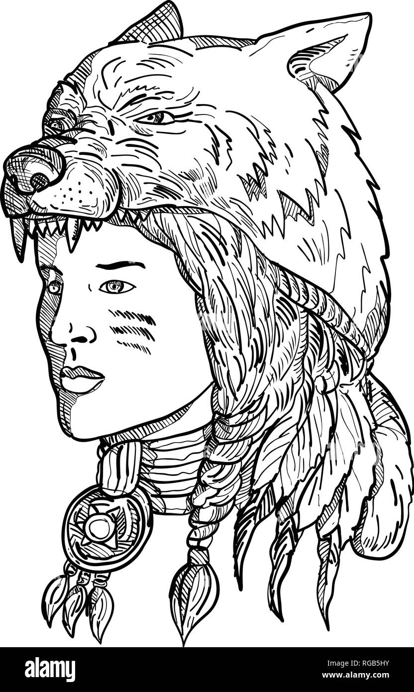 Style croquis dessin illustration d'un Native American femme portant une coiffe loup, coiffures et chapeaux à la recherche à l'autre en noir et blanc sur les Illustration de Vecteur