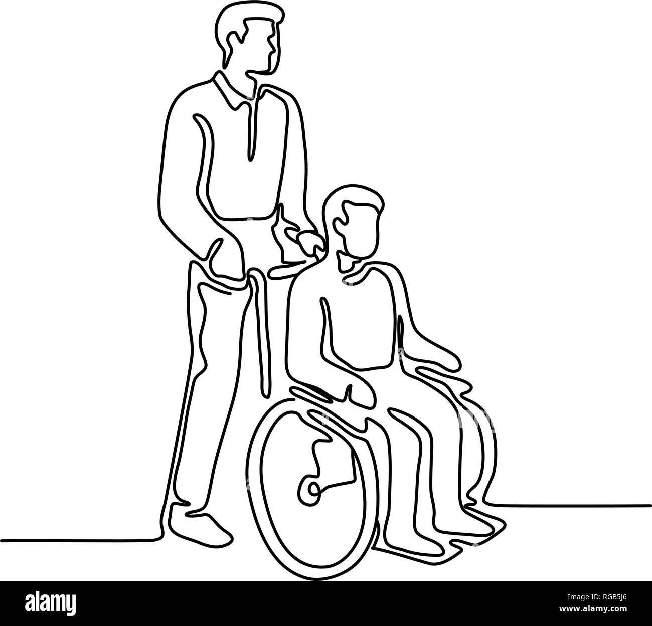 Ligne continue illustration d'un patient à l'hôpital ou désactiver personne avec handicap assis ou être pousser sur wheelcahir par un infirmier fait en monolin Illustration de Vecteur