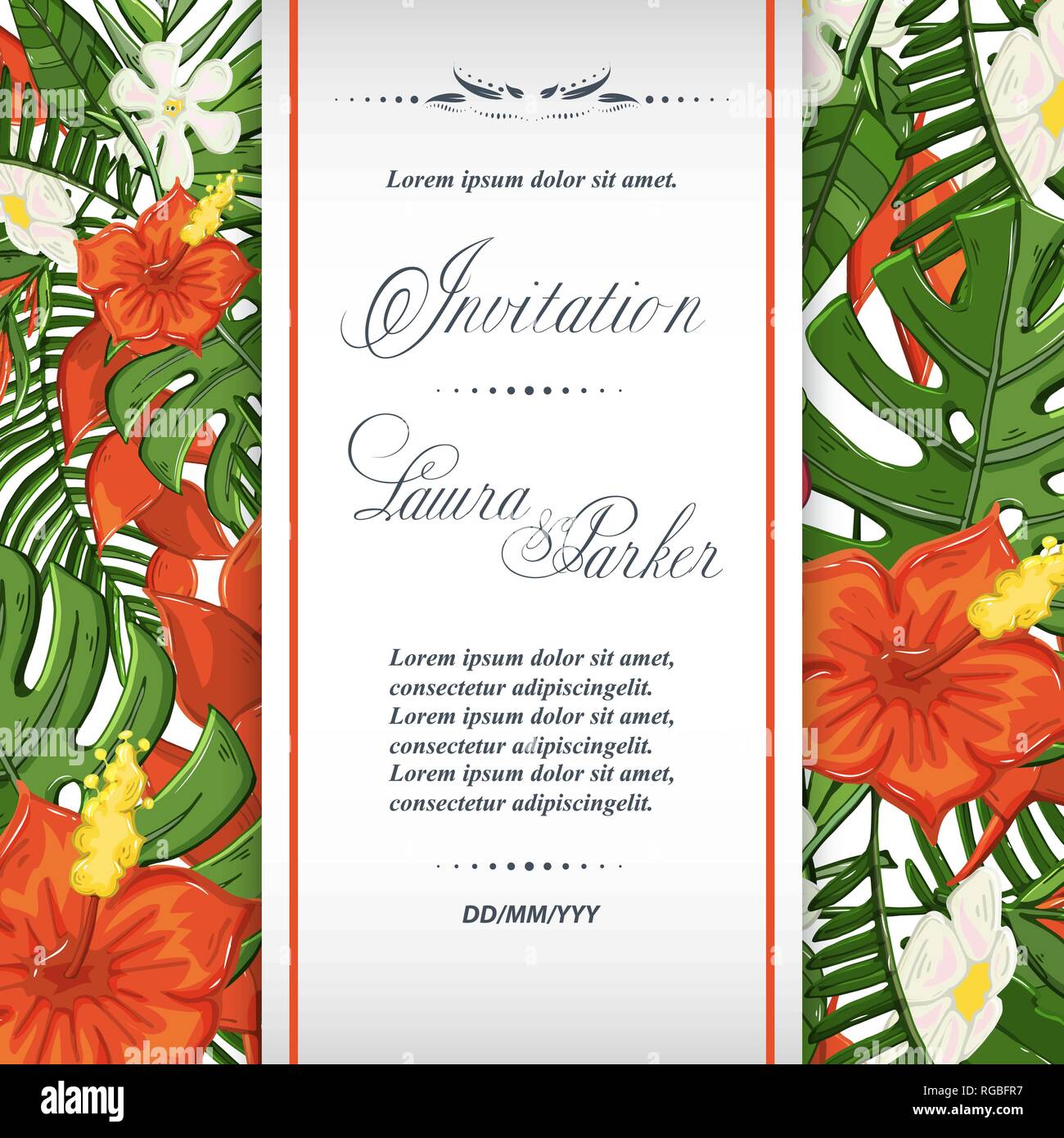 Modèle d'invitation de mariage avec des fleurs tropicales template Illustration de Vecteur