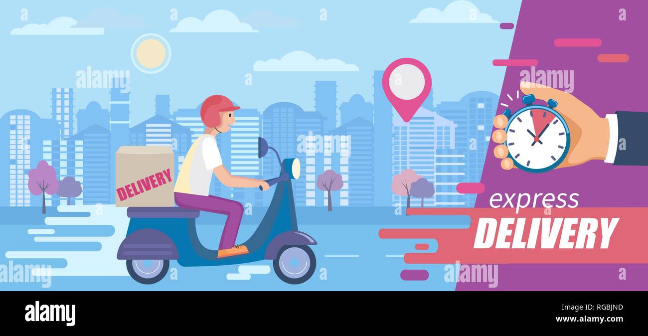 Livraison rapide et gratuite en peu de temps sur les scooters.La nourriture et d'autres services d'expédition pour les applications, sites web.Recherche rapide et express bike livrer. La publicité pour le repos Illustration de Vecteur
