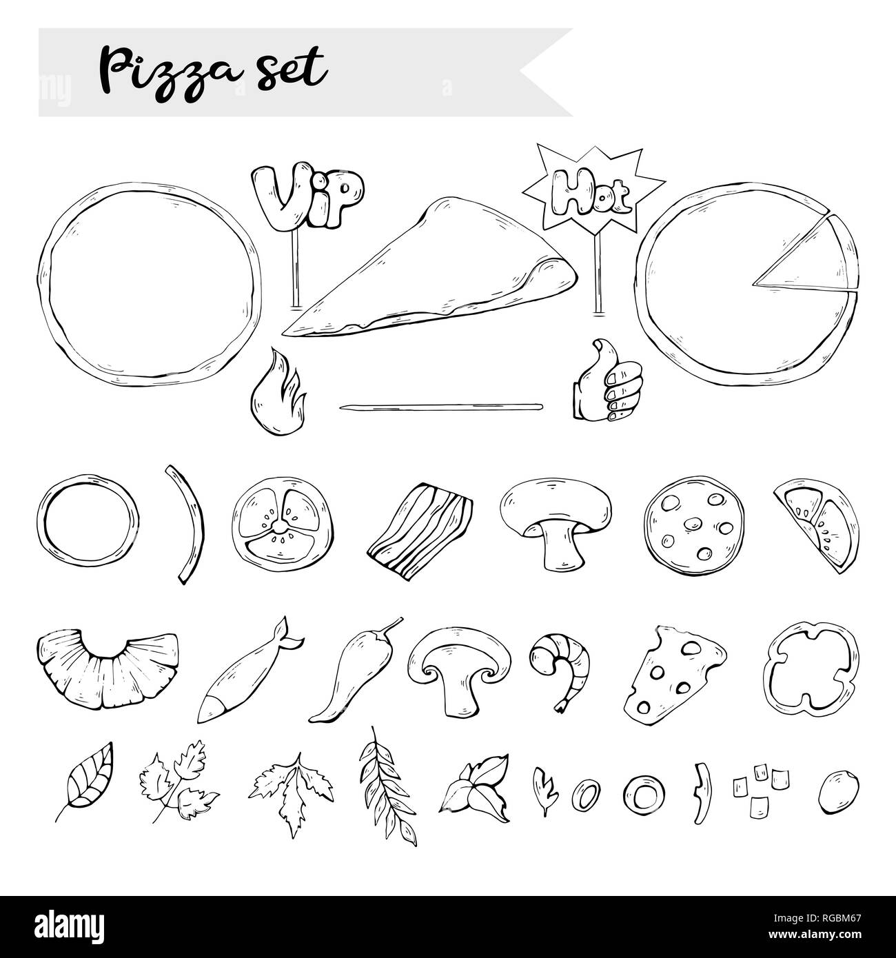 Vector set pizza,collection au blanc.ingrédient Pizza silhouette noire. Illustration de Vecteur