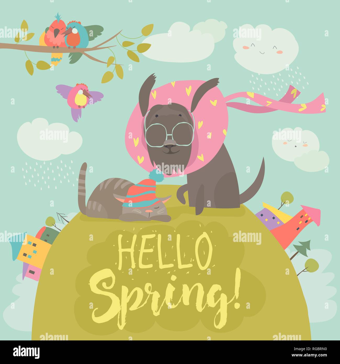 Chien et chat mignon drôle de printemps réunion Illustration de Vecteur