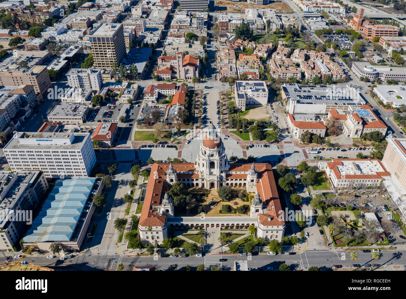Vue aérienne de l'Hôtel de Ville de Pasadena célèbre à Los Angeles County, Calfornia Banque D'Images
