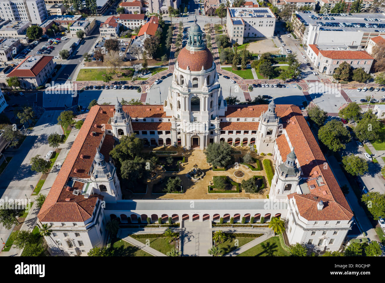 Vue aérienne de l'Hôtel de Ville de Pasadena célèbre à Los Angeles County, Calfornia Banque D'Images