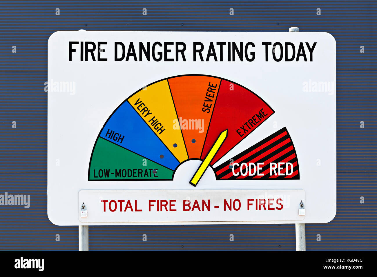 C'est le pays (CFA) d'incendie système d'évaluation du danger d'incendie.L'extrême d'alerte incendie,cotation, qui a été déclarée est classé comme une interdiction de feu total jour. Banque D'Images