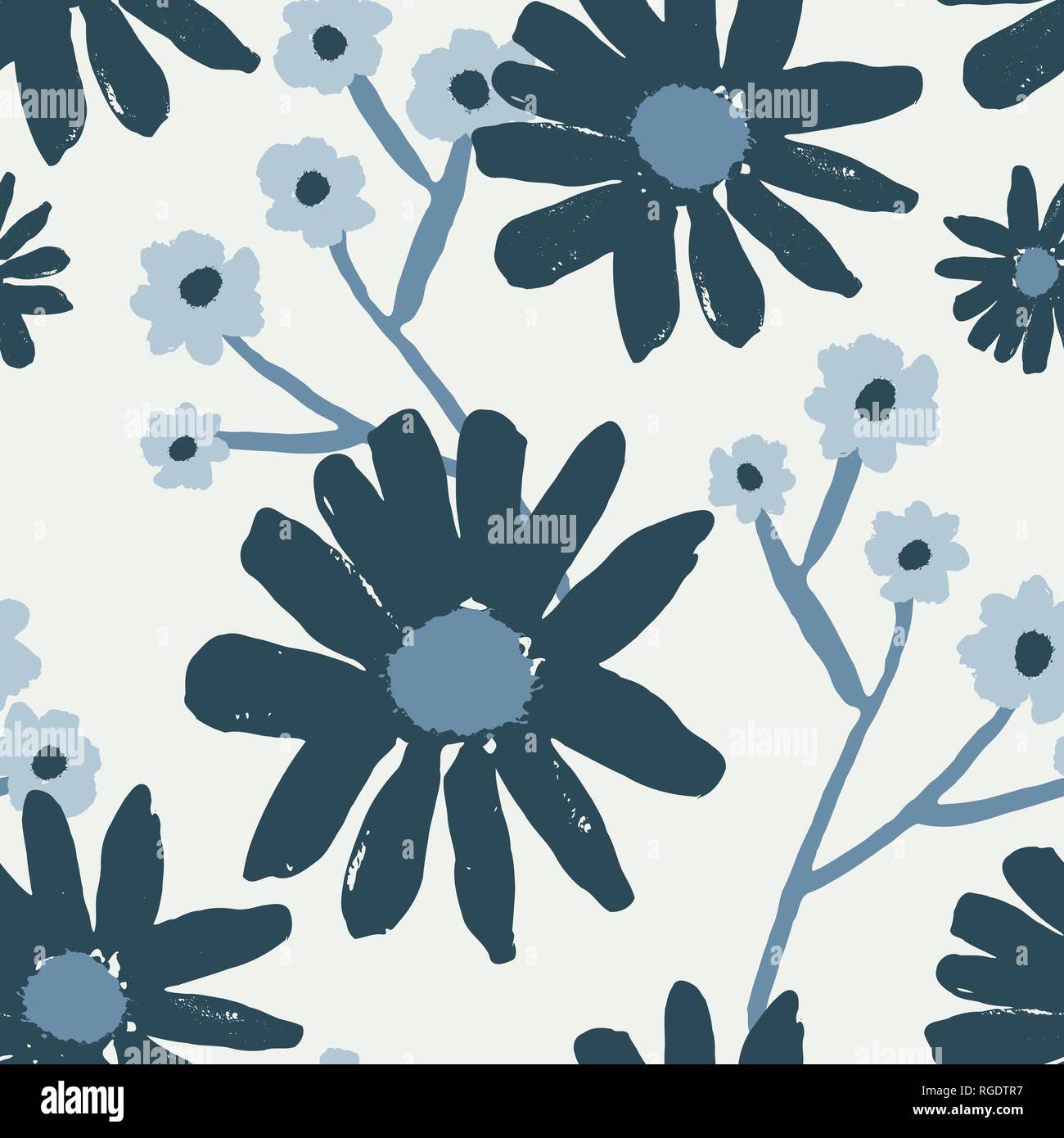 Motif répétitif sans couture avec la main peinte de fleurs en bleu, marine et blanc. Hand drawn vector illustration, parfait pour la création de tissus, gr Illustration de Vecteur