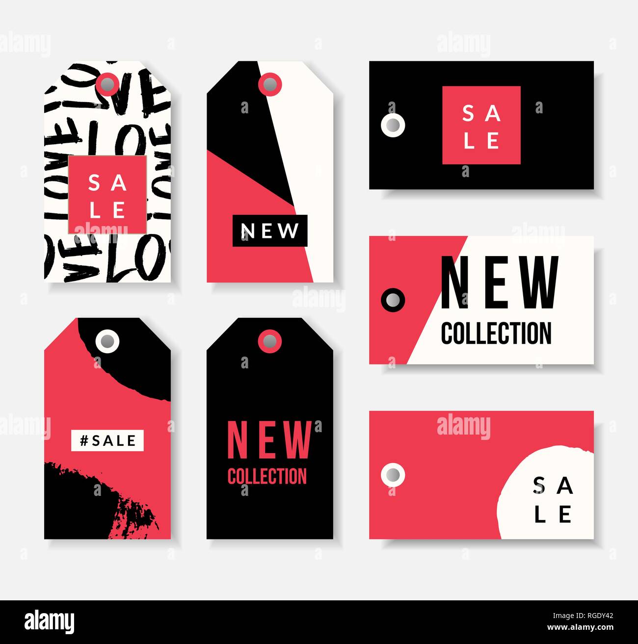 Un ensemble de sept prix moderne et élégant/vente/nouvelle collection modèles tag en noir, rouge et blanc. Les motifs de style contemporain label vector Illustration de Vecteur
