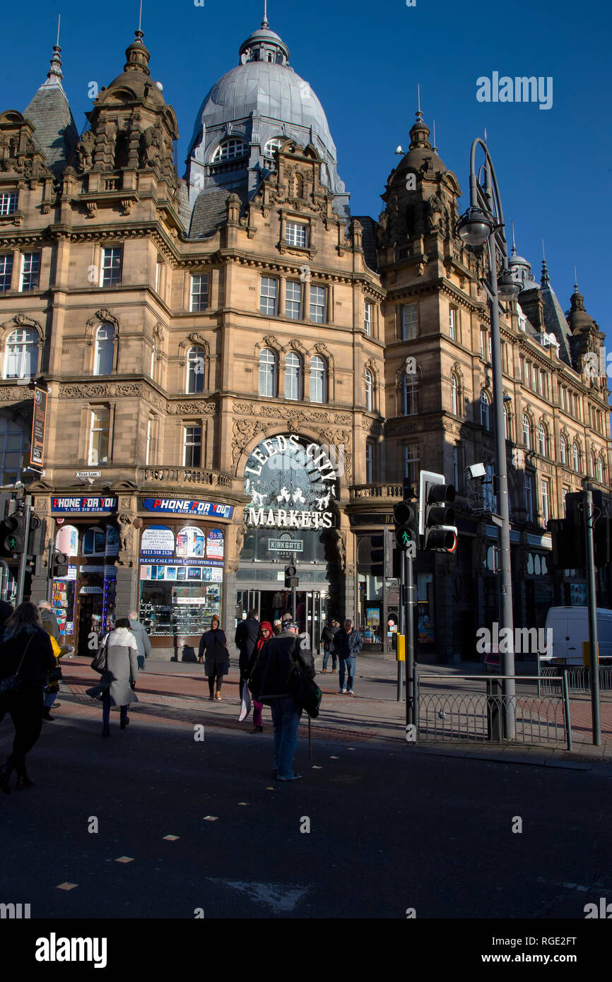 L'entrée principale pour les marchés de la ville de Leeds, à la jonction de Vicaire Lane et Kirkgate à Leeds, Royaume-Uni Banque D'Images