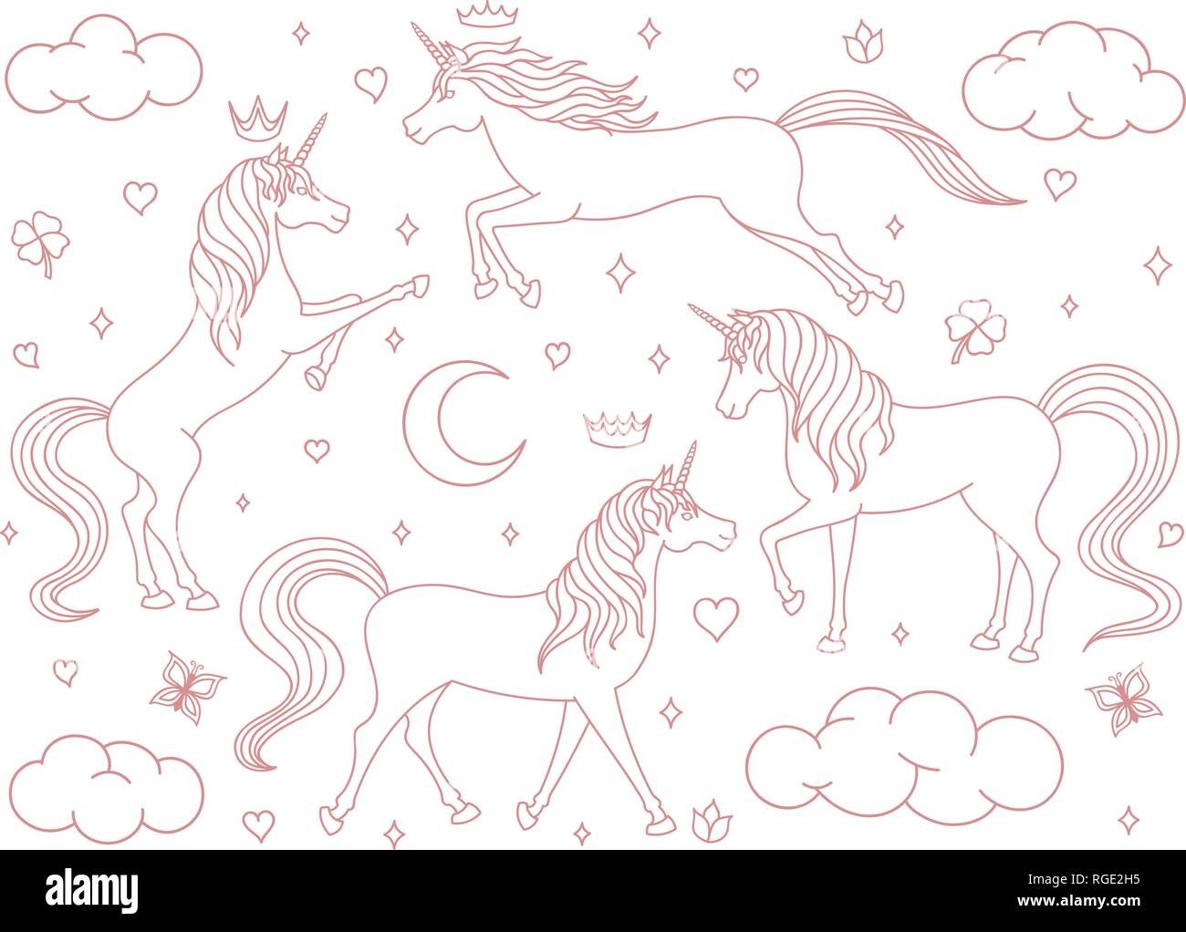 Hand drawn vector cartoon set contour licornes isolé sur fond blanc. Les créatures magiques avec des étoiles, des lunes, des nuages, des papillons, des couronnes et des coeurs Illustration de Vecteur