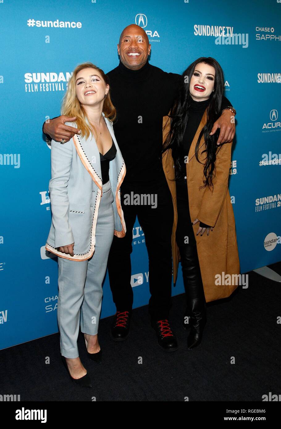 Florence Pugh, Dwayne Johnson, Paige aux arrivées pour se battre avec ma famille en première mondiale au Festival du Film de Sundance 2019, Ray Theatre, Park City, UT 28 Janvier, 2019. Photo par : JA/Everett Collection Banque D'Images