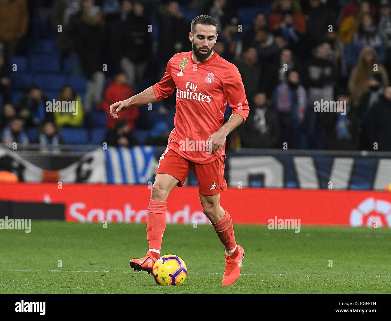 Barcelone, 27-01-2019. 2018 LaLiga/ 2019, date 21. Espanyol-Real Madrid. Daniel Carvajal du Real Madrid pendant le jeu Espanyol-Real Madrid Banque D'Images