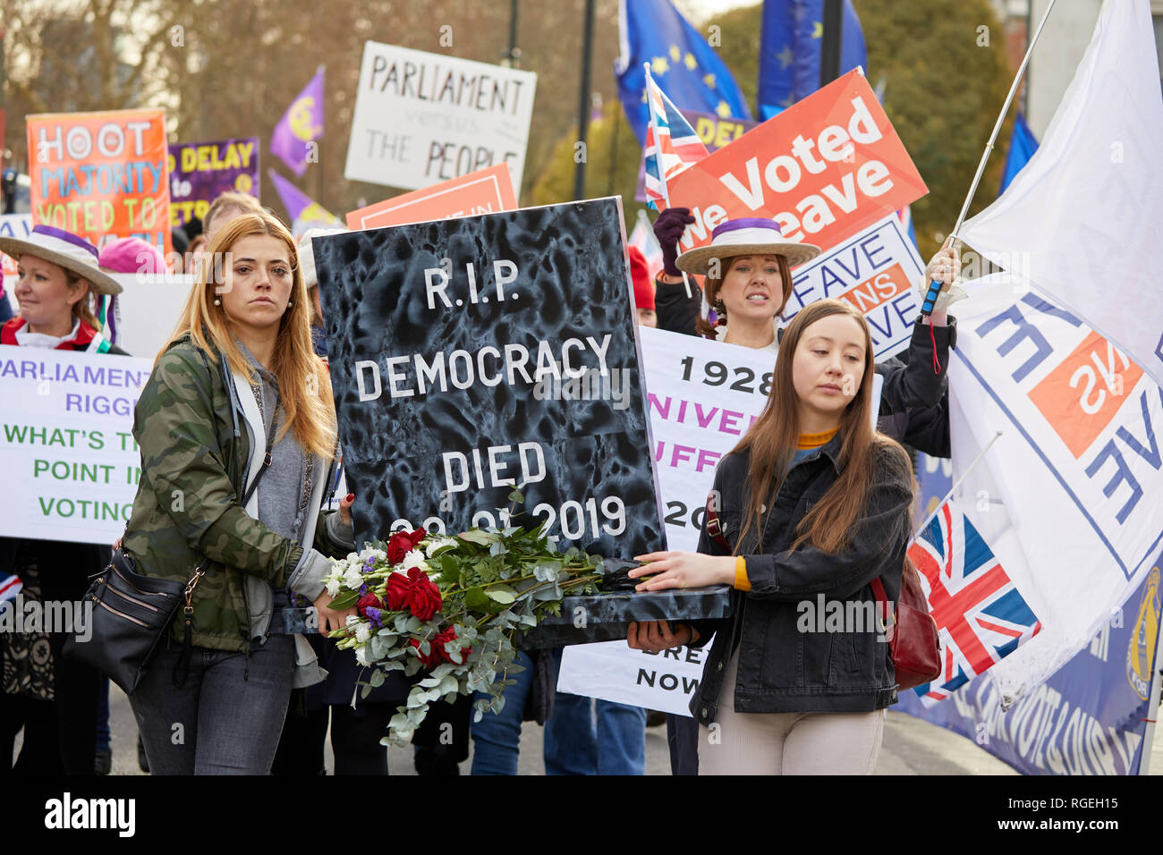 Londres, Royaume-Uni. - Jan 29, 2019 manifestants : organiser une marche funèbre à l'extérieur du Parlement sur un jour pour discussion Brexit à l'intérieur de la Chambre des communes. Crédit : Kevin J. Frost/Alamy Live News Banque D'Images