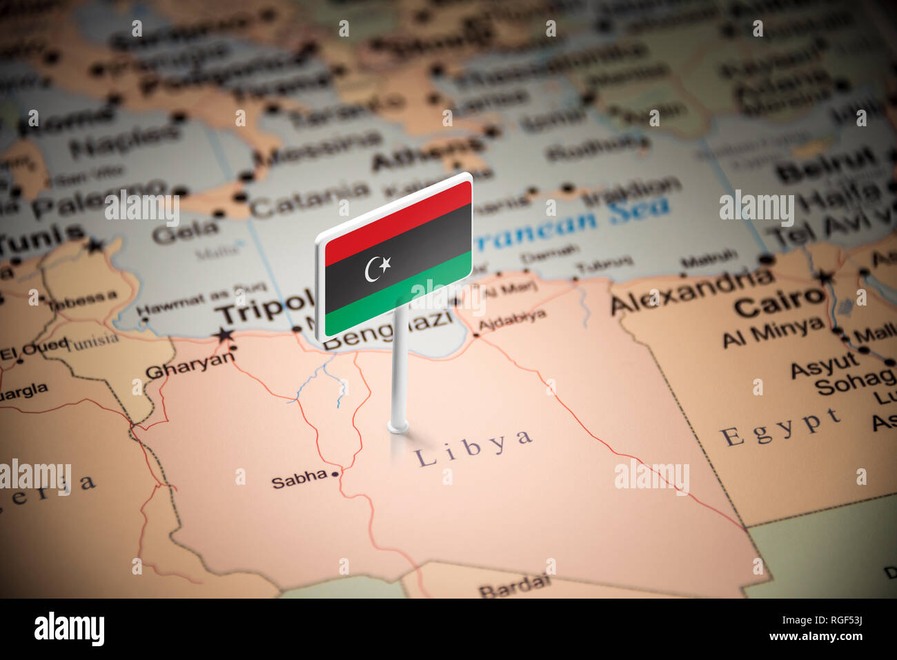 La Libye marqués d'un drapeau sur la carte Banque D'Images