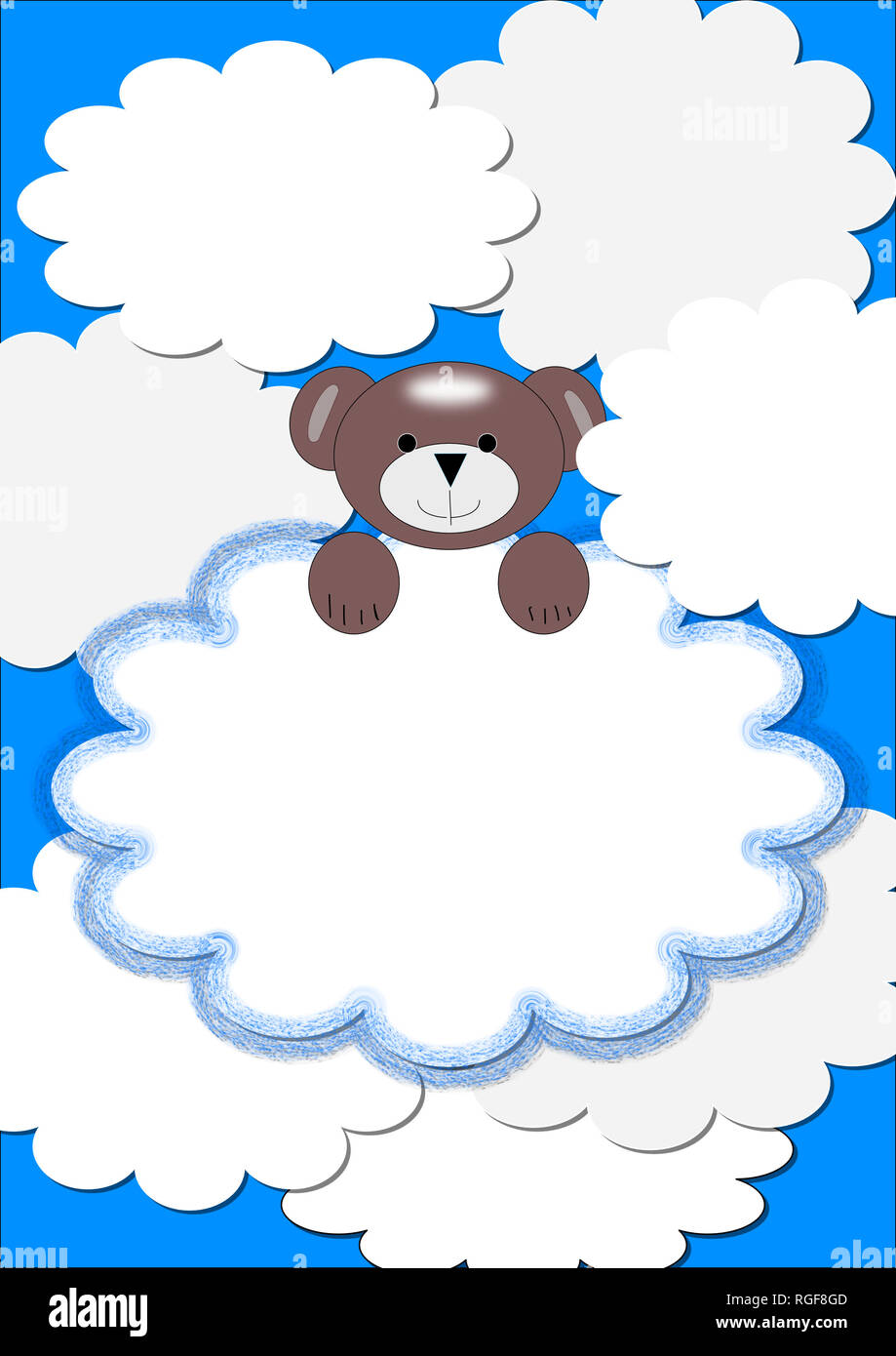 Icone Ours En Peluche De Bebe Garcon Entouree De Nuages Fond Bleu Ciel Style De Dessin Anime Photo Stock Alamy