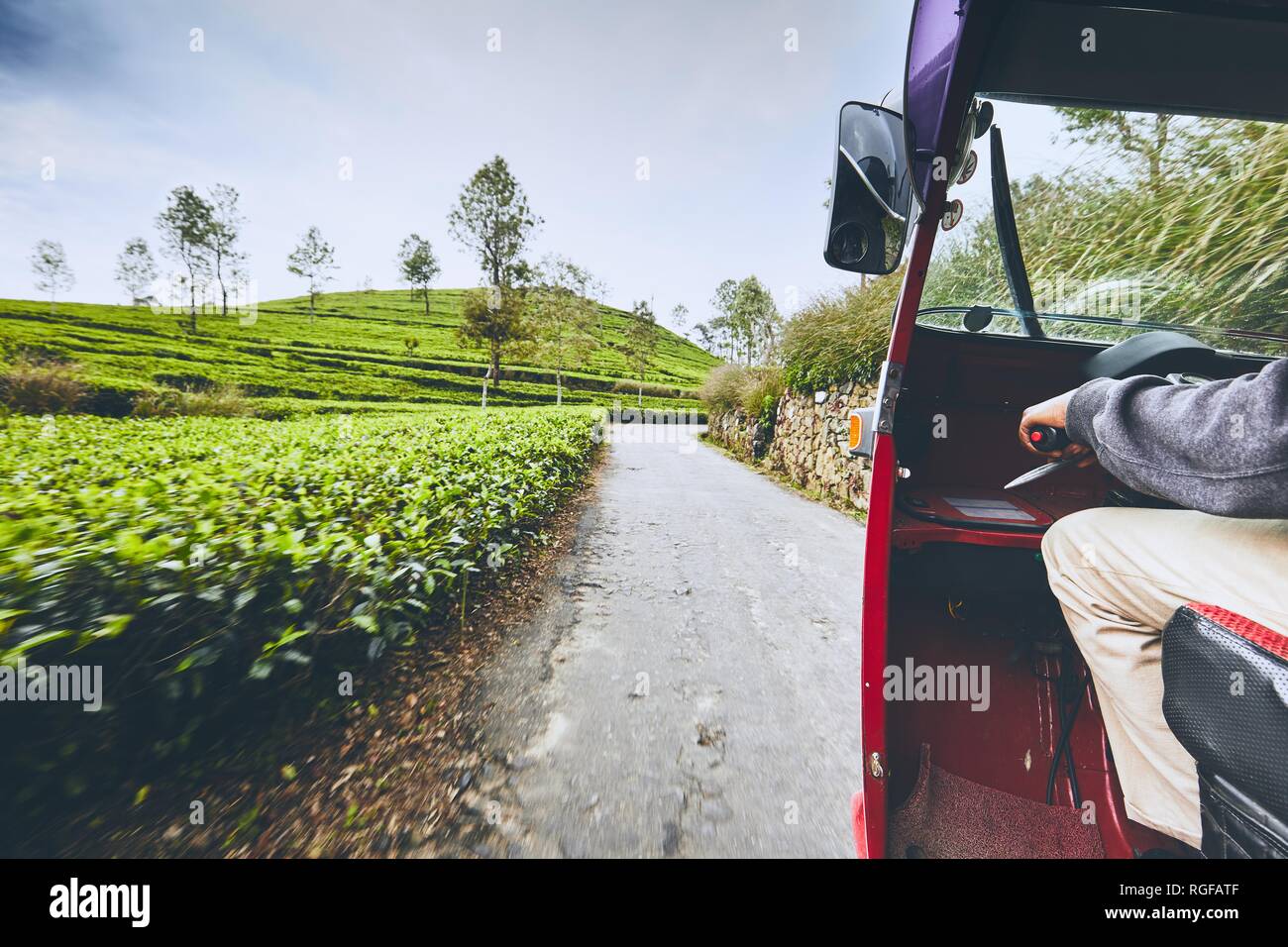 Tuk Tuk taxi sur la route à travers les plantations de thé au Sri Lanka. Banque D'Images