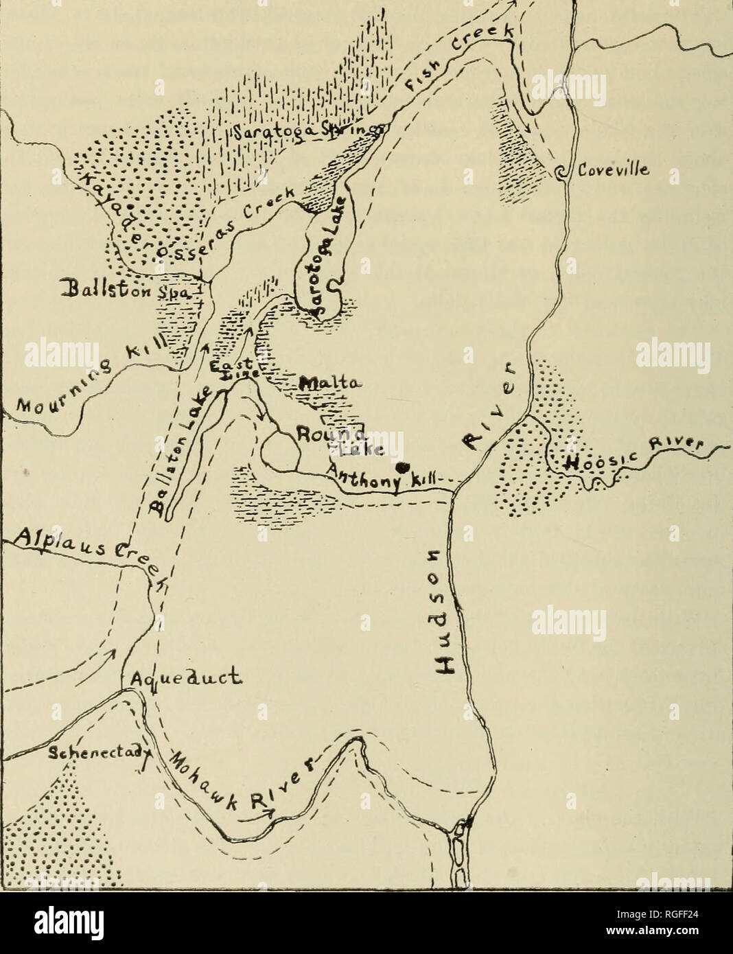 . Bulletin de la Société géologique d'Amérique. La géologie. 520 J. H. STOLLER HISTOIRE DE LA RÉGION D'HUDSON MOHAWK-salon de sable à la même élévation ouest du lac Saratoga Saratoga et séparé de la plaine par une vaste dépression d'eau balayé. Dans son extension vers l'nal ancien le delta couvraient probablement le domaine qui maintenant en- â une f 7V &"-.-.C.*.-.c.,.).i-li'/ 3alls"fcoÂ" 5bÂ"v ?. Figure 1.âSketch Mohaivk Plan de la basse-moyenne montrant la région d'Hudson présente les caractéristiques de drainage et indiquant les divers cours de l'IRO- québécois-rivière Mohawk à la fin du Pléistocène et les deltas formés. T Banque D'Images