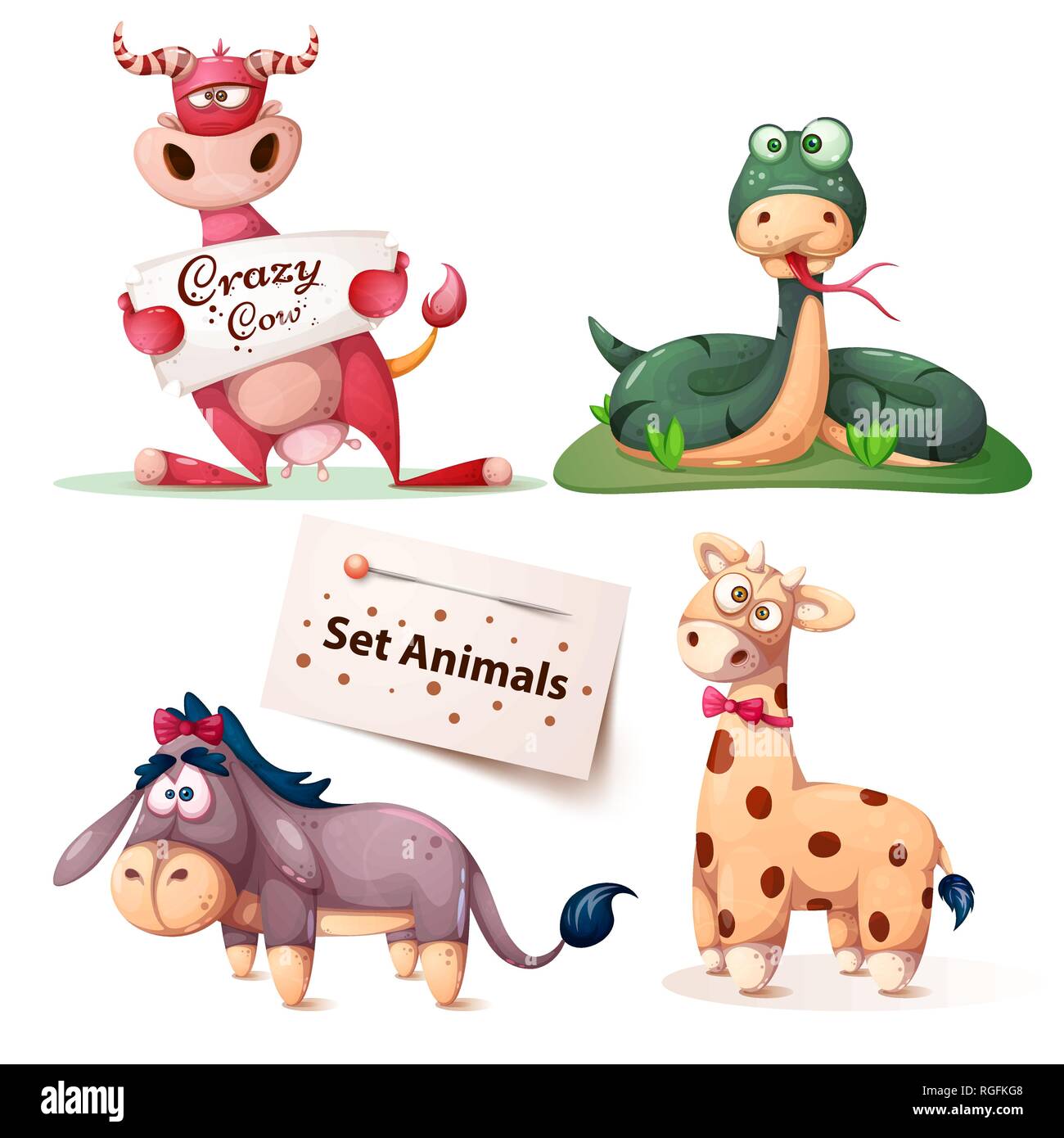 Serpent, vache, âne, girafe - Set animaux. Illustration de Vecteur