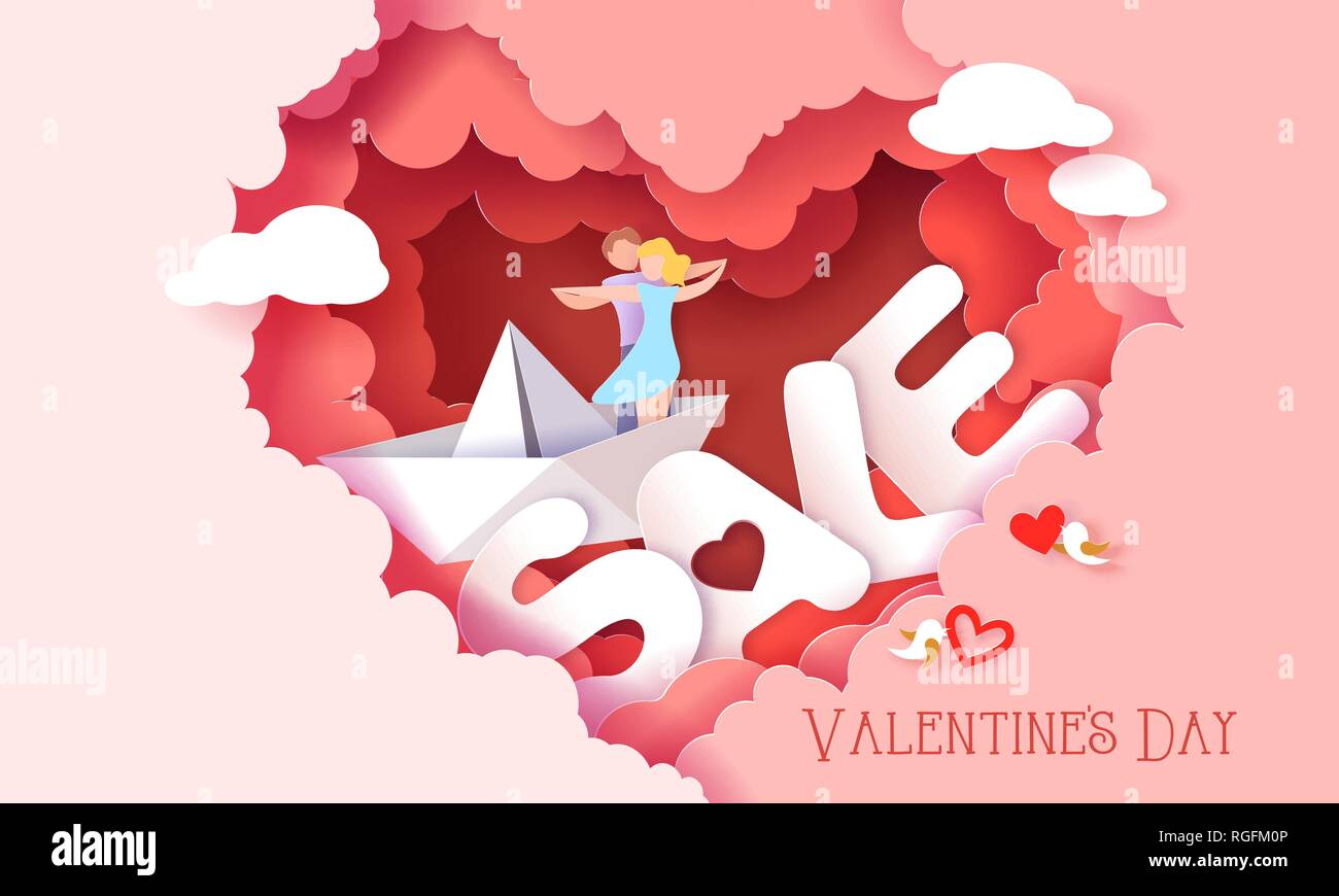 Vente Carte de Saint Valentin. Couple hugging in love sur papier à l'intérieur bateau nuages rouge avec des lettres en forme de coeur Vente. Vector illustration. Modèle de coupe de papier. Illustration de Vecteur