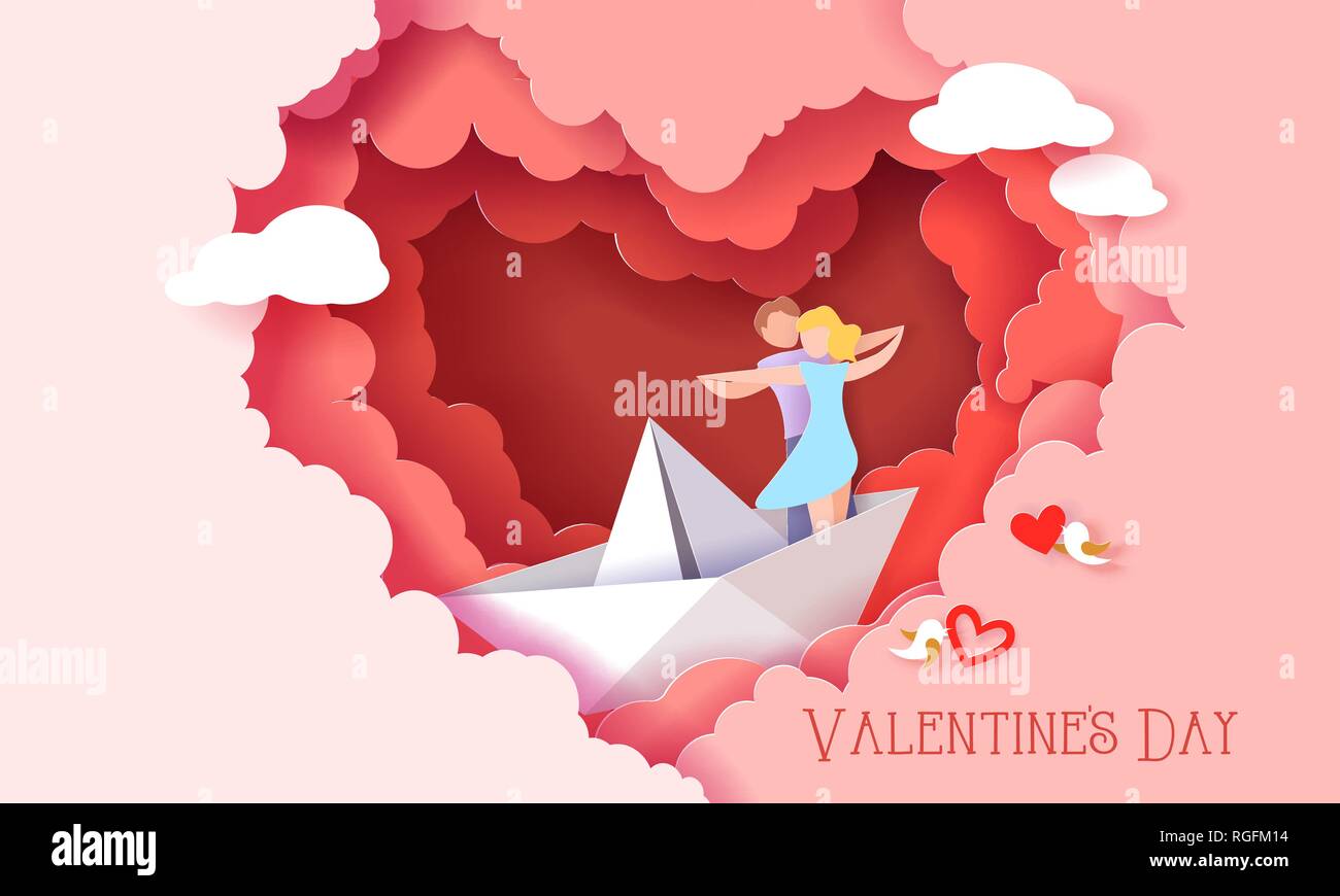 Carte Saint Valentin avec couple hugging in love sur papier à l'intérieur bateau nuages rouges en forme de coeur. Vector illustration d'art sur papier. Modèle de coupe de papier. Illustration de Vecteur
