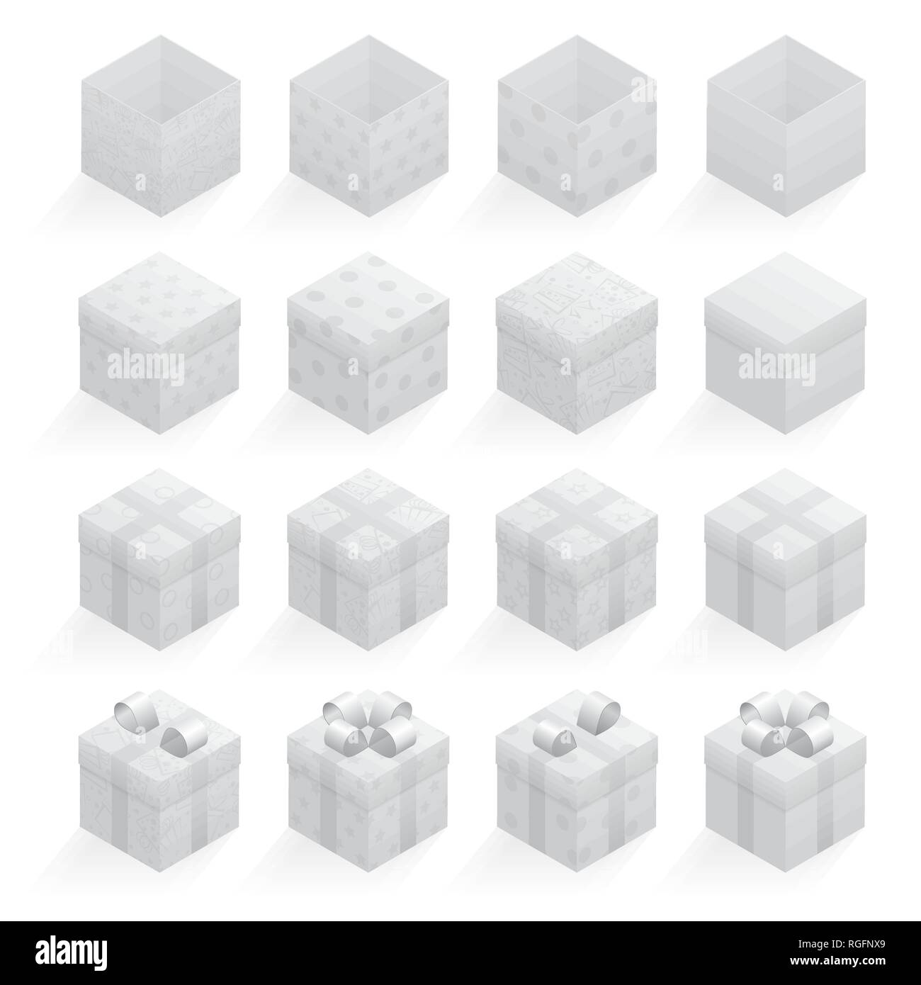 Ensemble de boîtes cadeau isométrique gris avec des modèles différents Illustration de Vecteur