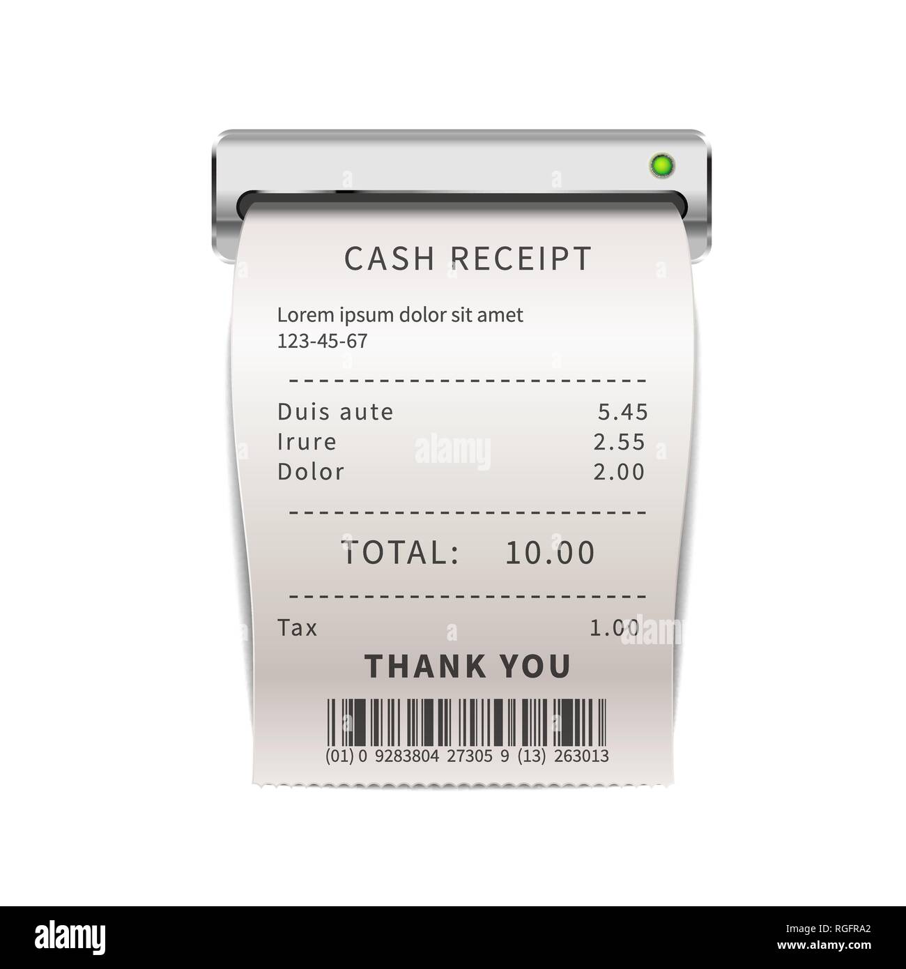 Reçu de vente réalistes qui sortent de la machine, blanc avec du texte de loi commercial. Contrôle financier papier isolated on white Illustration de Vecteur