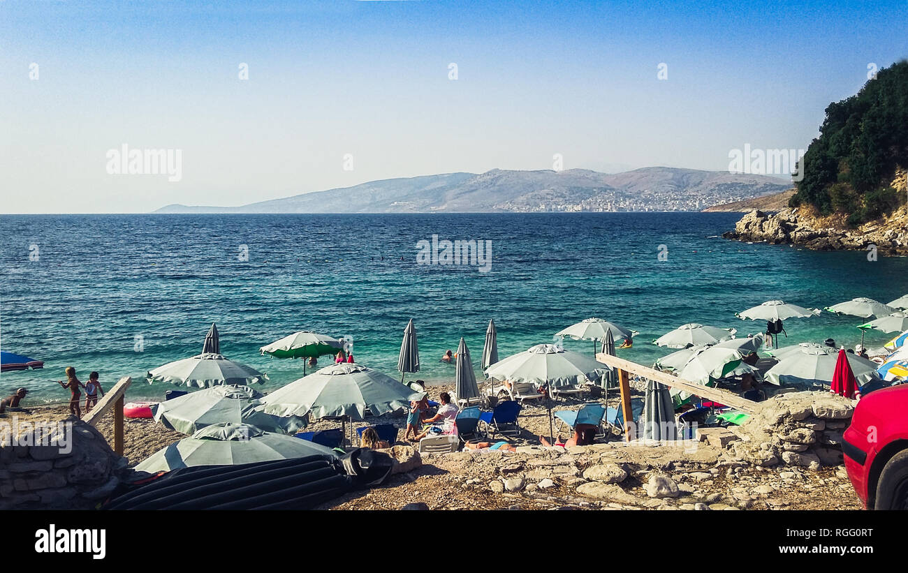 Manastir beach, Saranda, Albanie, Riviera albanaise, belle seascape Banque D'Images