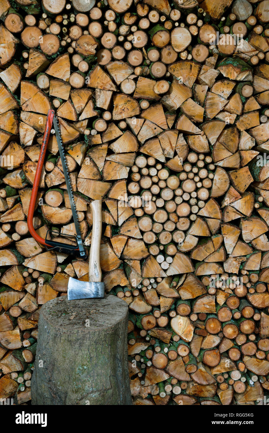 La scie à archet et ax appuyé contre le bois vert le séchage à l'air en bûcher. Forme de coeur mosaïque construit avec des tours et des groupes. Banque D'Images