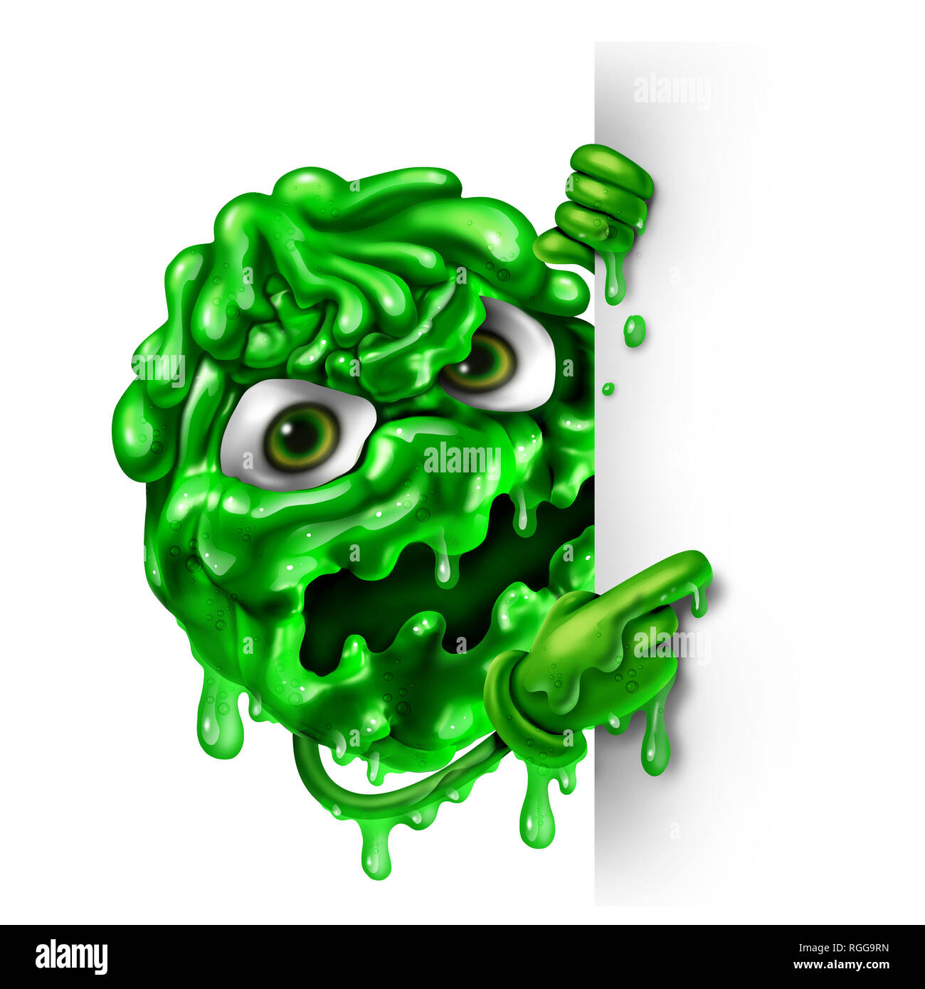 Caractère de mucus comme un concept vert télécharger que l'écoulement nasal en forme liquide comme une maladie contagieuse monster avec un signe vierge comme une maladie médicale symbole. Banque D'Images