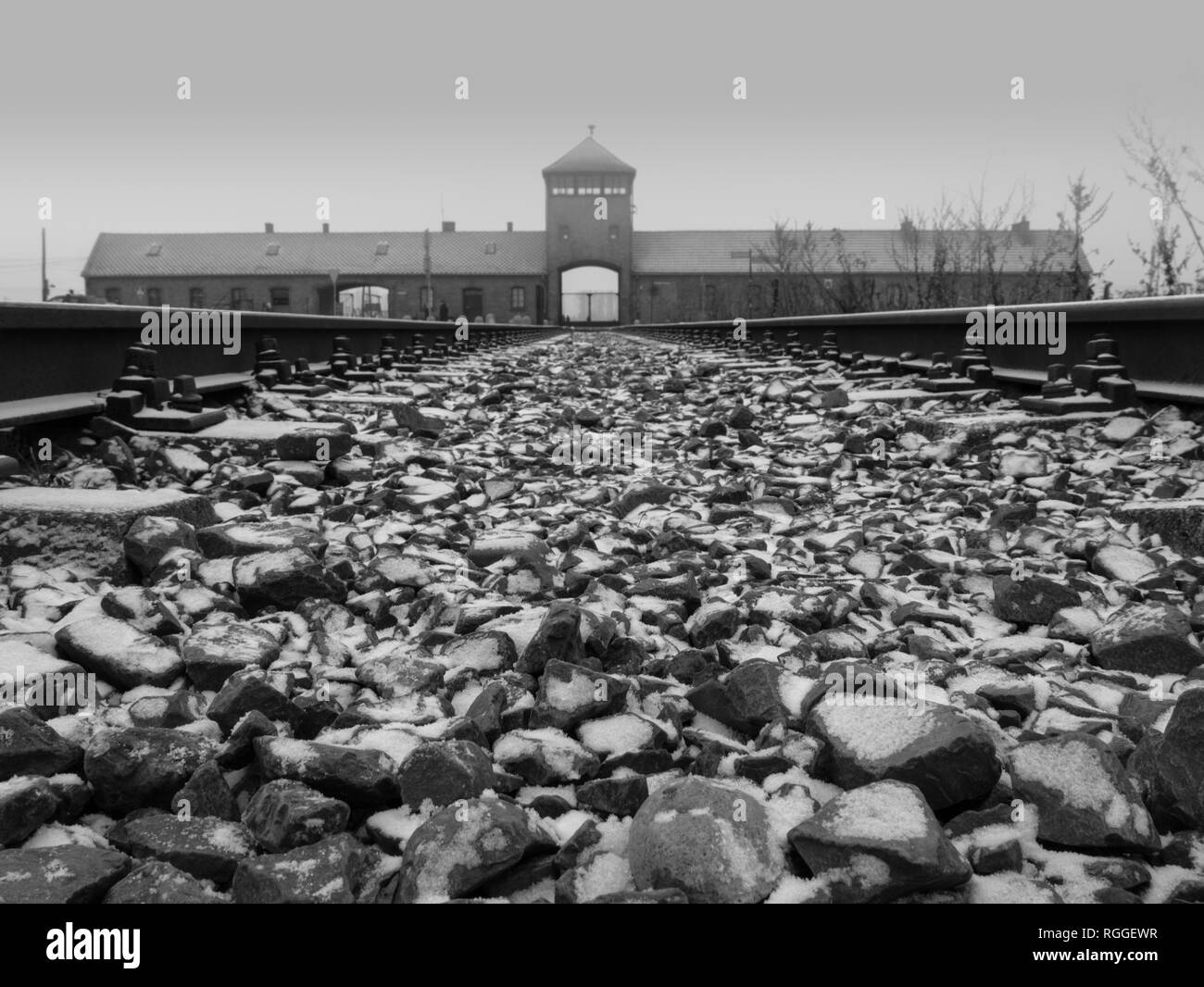 Voie de chemin de fer menant à Auschwitz II-Birkenau, camp de concentration et d'extermination d'Oswiecim, Pologne Banque D'Images