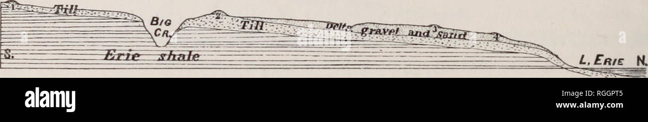 . Bulletin de la Société géologique d'Amérique. La géologie. 338 W. Upham-vallées préglaciaires et postglaciaire. Il y a une épaisseur de 10 à 12 pieds, et alono- une mesure d'au moins 200 pieds il incloses très abondants fragments de roche jusqu'à tliree ou quatre pouces de diamètre, beaucoup d'autres de plus grande taille, et rochers abondants u[) à quatre pieds de diamètre, mauvais de tous qui i)roportion distinctes stries glaciaires de l'ours. Sous la caisse de cette excavation, et divisé de lui à un niveau défini, l'avion est stratifié sable et gravier fin de numéro 3- Encore une fois, la même feuille fine de true till, wit Banque D'Images