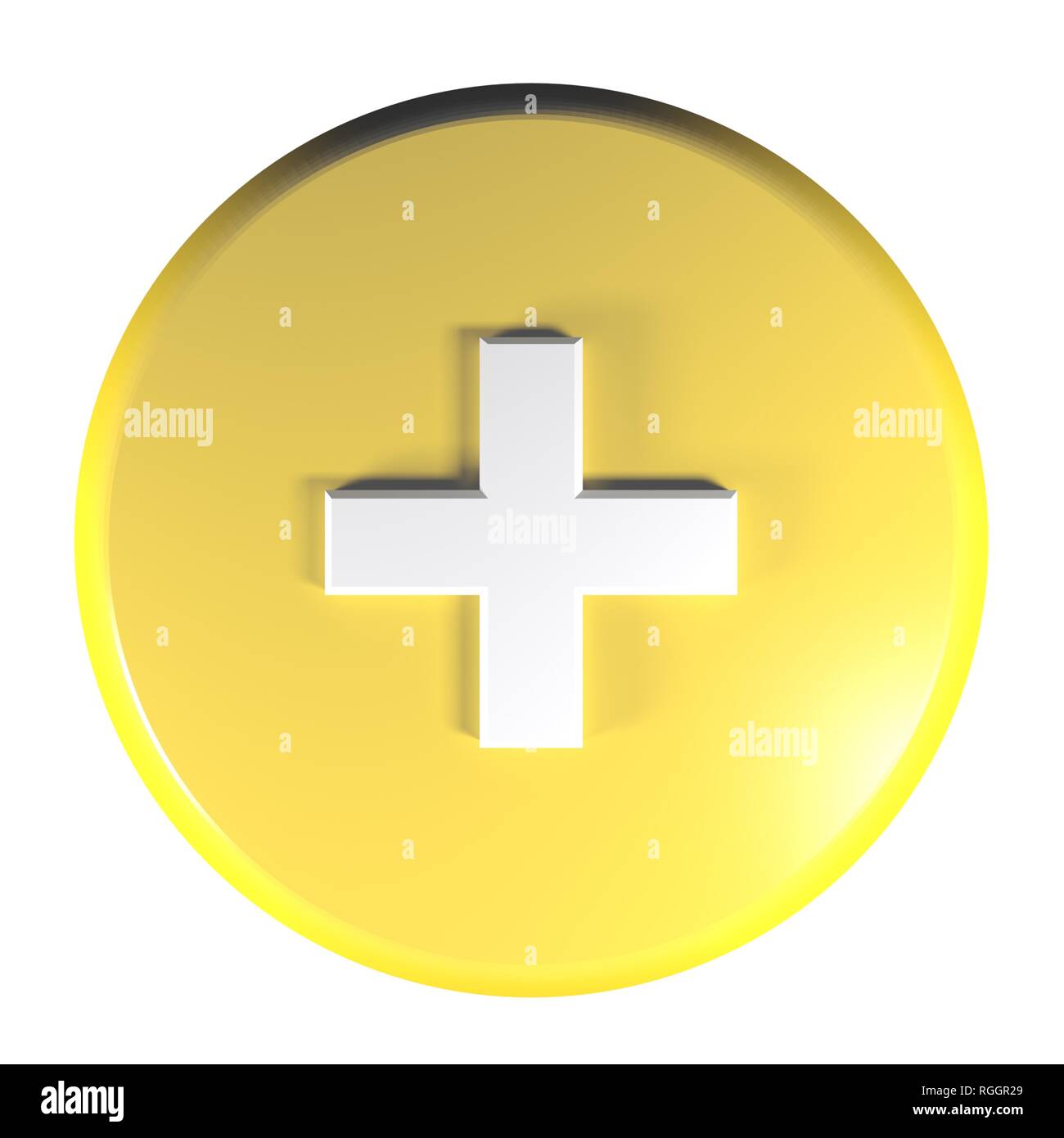 Bouton poussoir cercle jaune avec le signe  + pour la somme fonctionnement - le rendu 3D illustration Banque D'Images