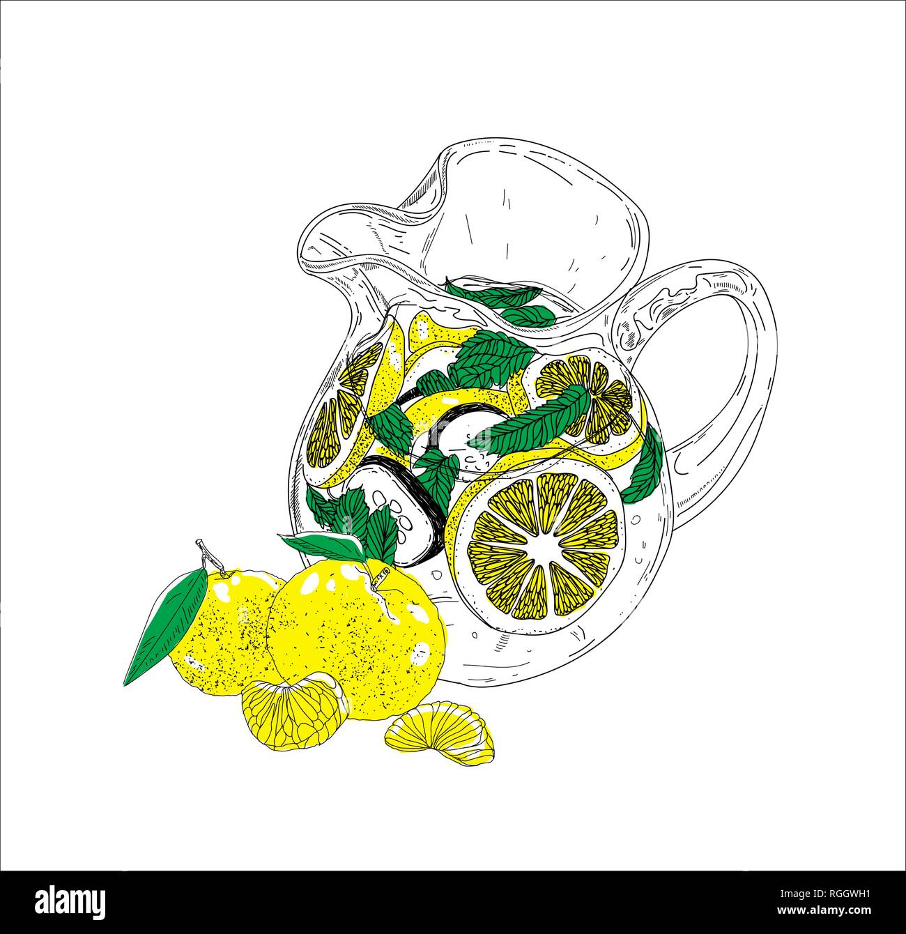 Hand Drawn Vector Boire Avec Cittrus La Glace En été Citron