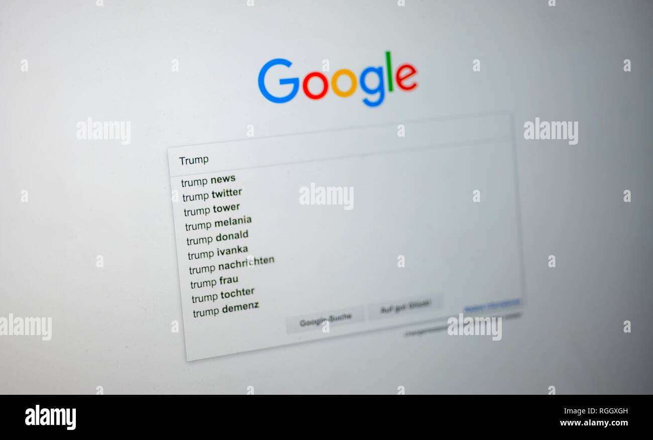 Page d'accueil de Google, avec l'entrée de recherche Trump, moteur de recherche, Internet, écran, Allemagne Banque D'Images